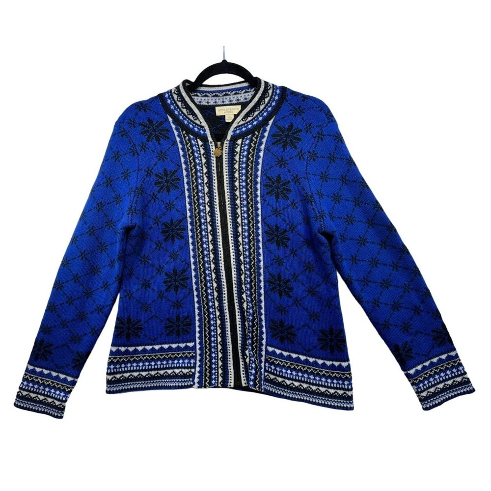 Appleseeds Womens Nordic Knit Cardigan Sweater Petites PM Blue & Black Full Zip